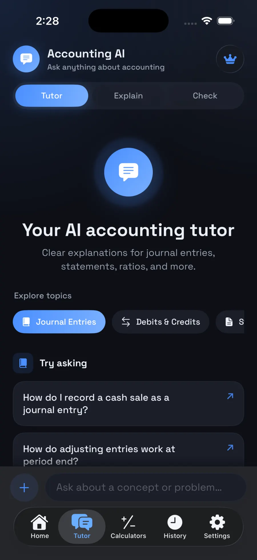 Accounting AI Tutor chat screen in dark mode