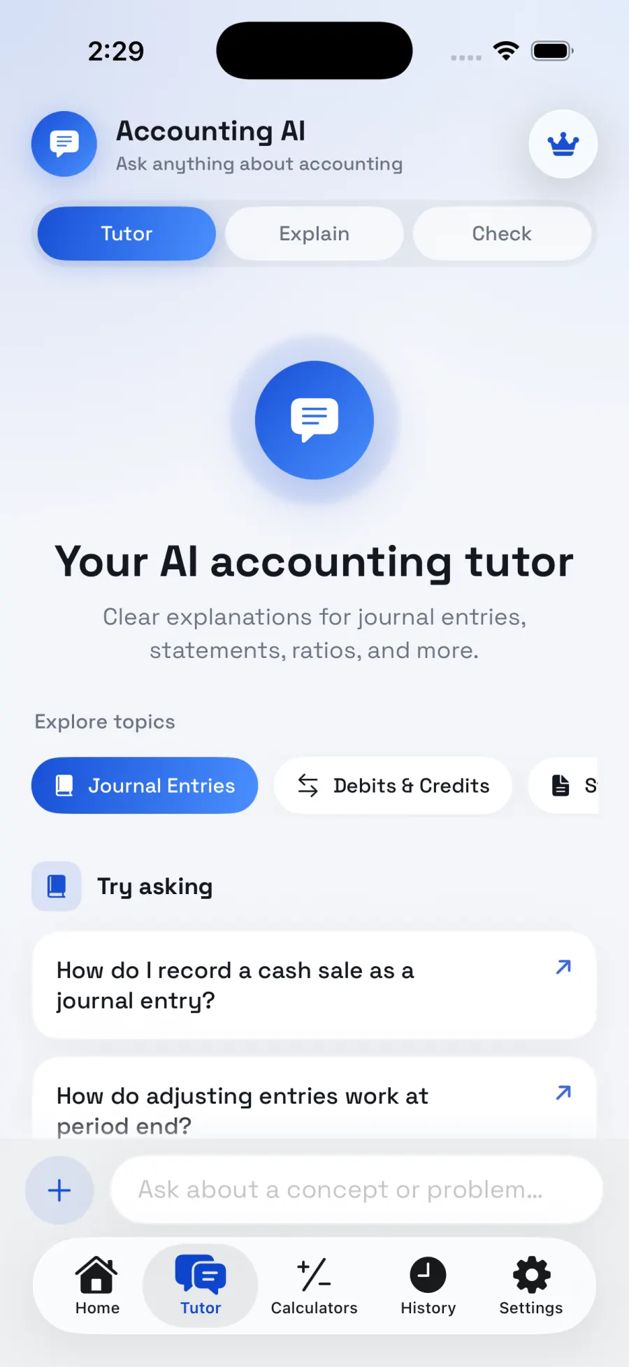 Accounting AI Tutor chat screen