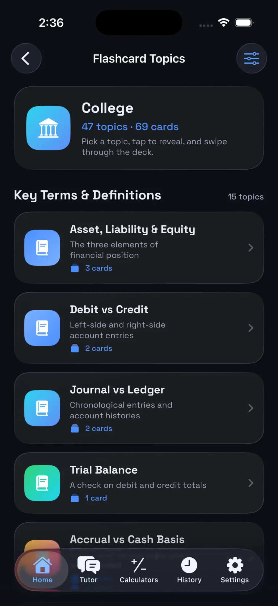 Accounting flashcards screen in dark mode