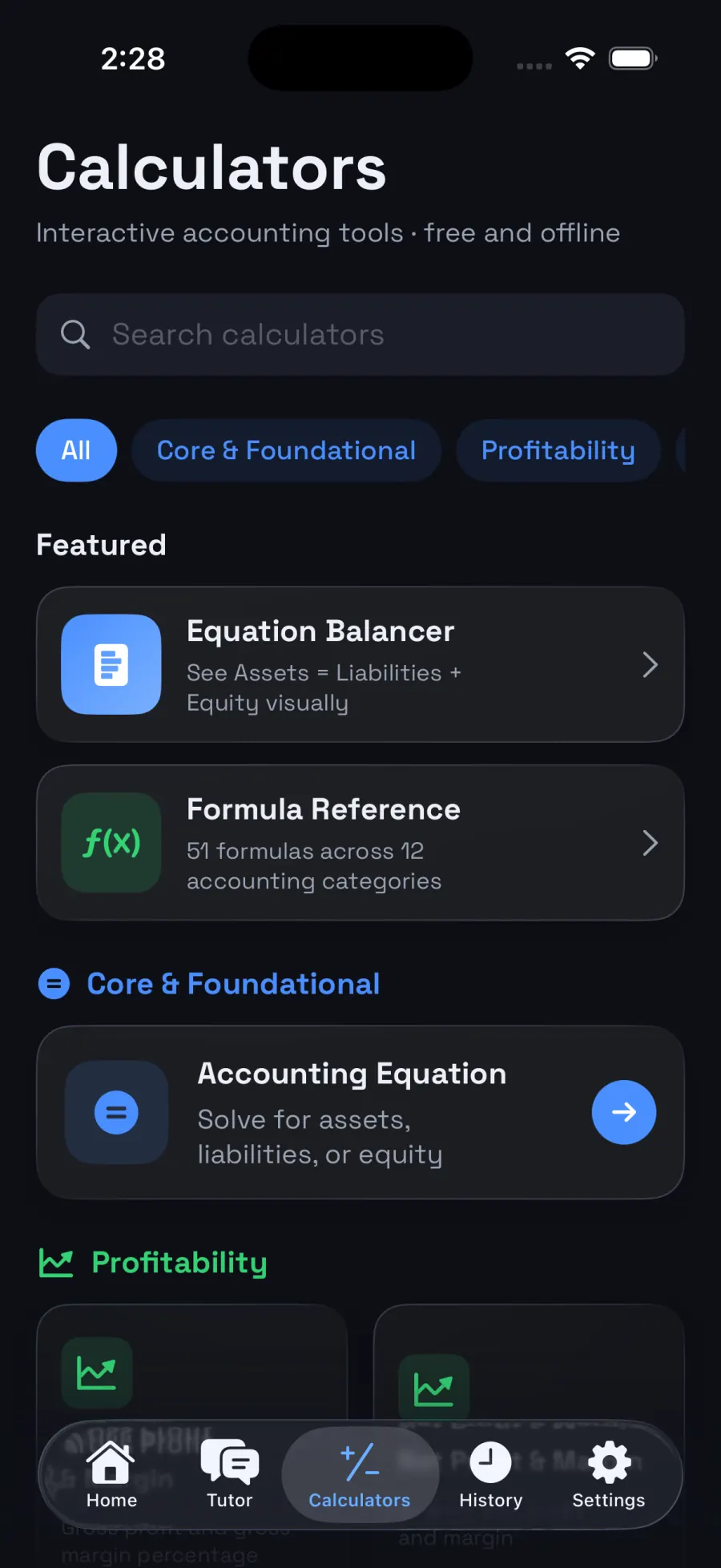 Accounting calculators screen in dark mode