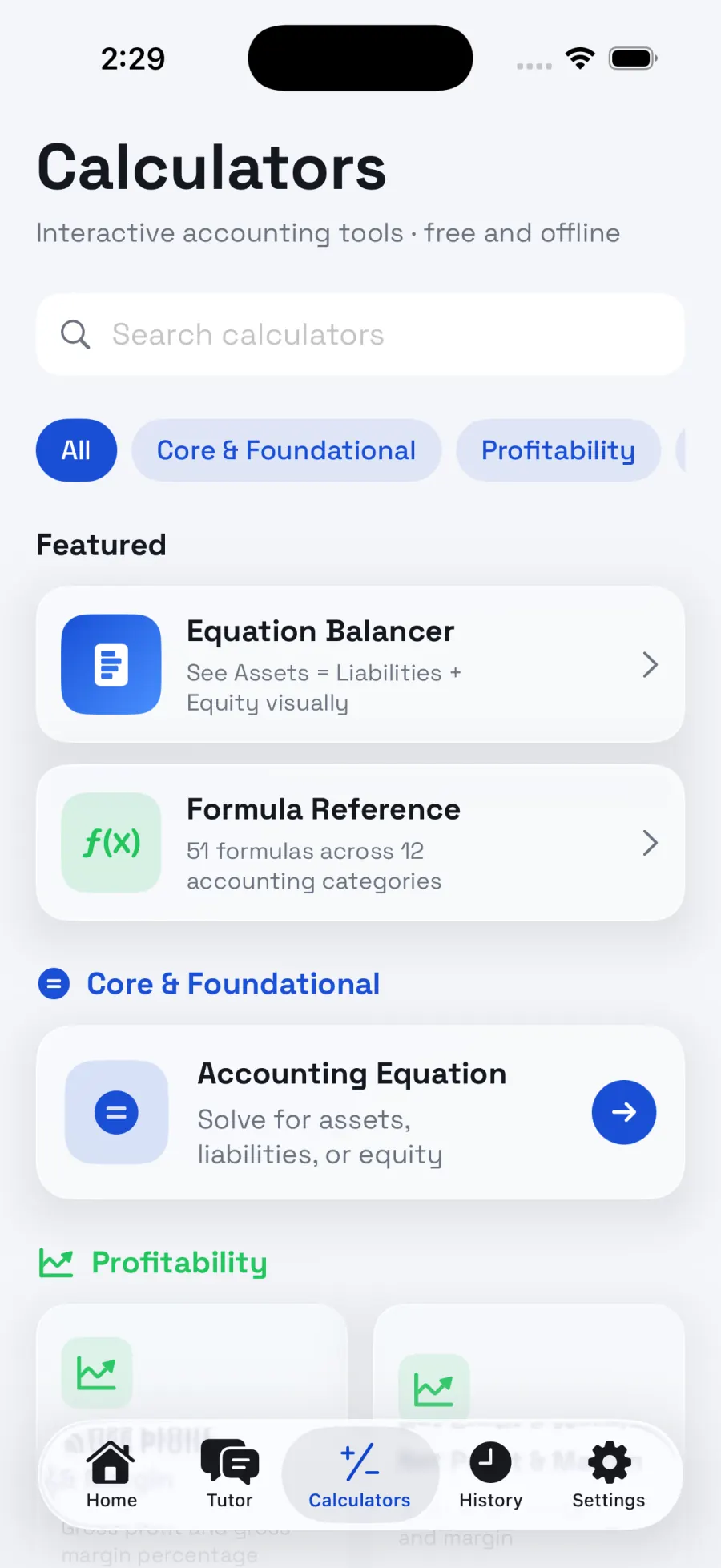 Accounting calculators screen