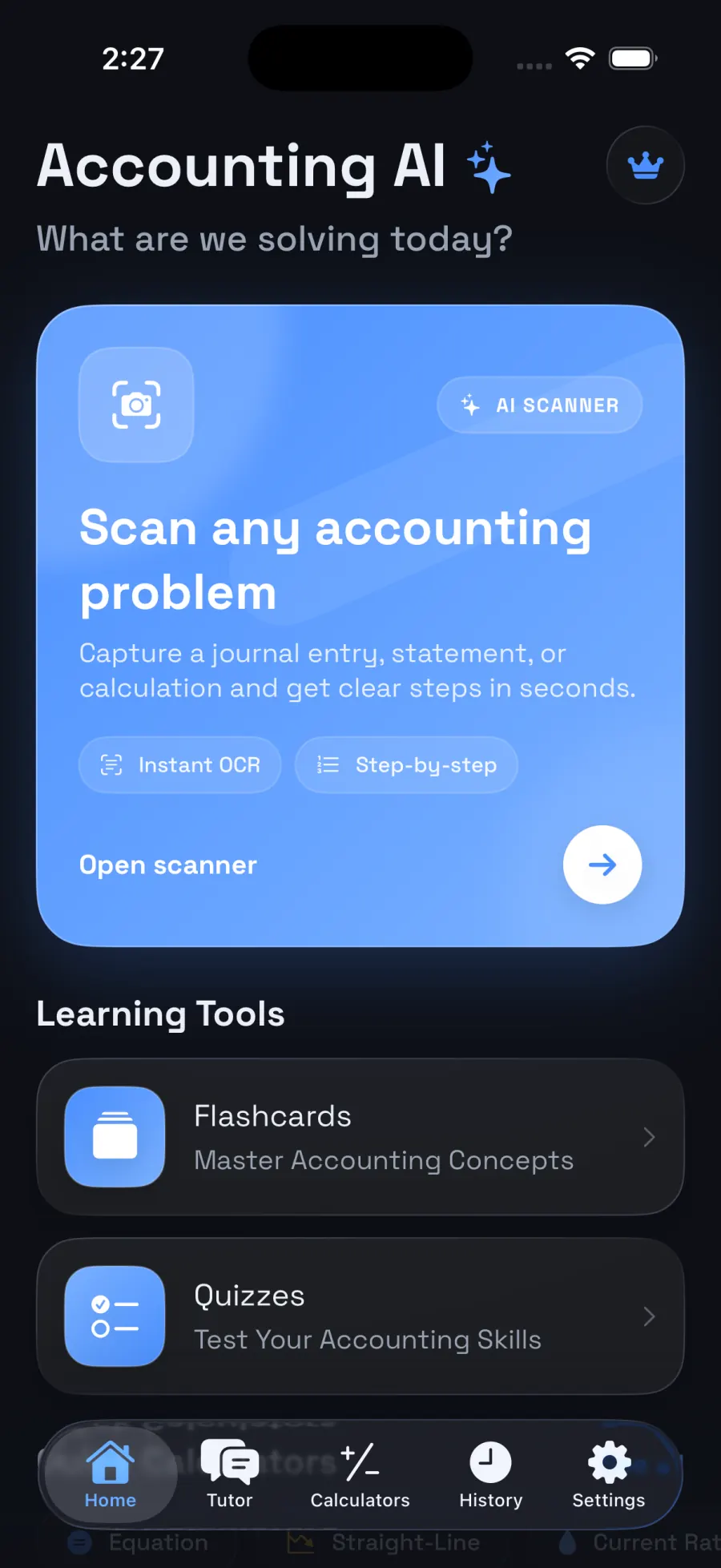 Accounting AI Tutor Home screen in dark mode