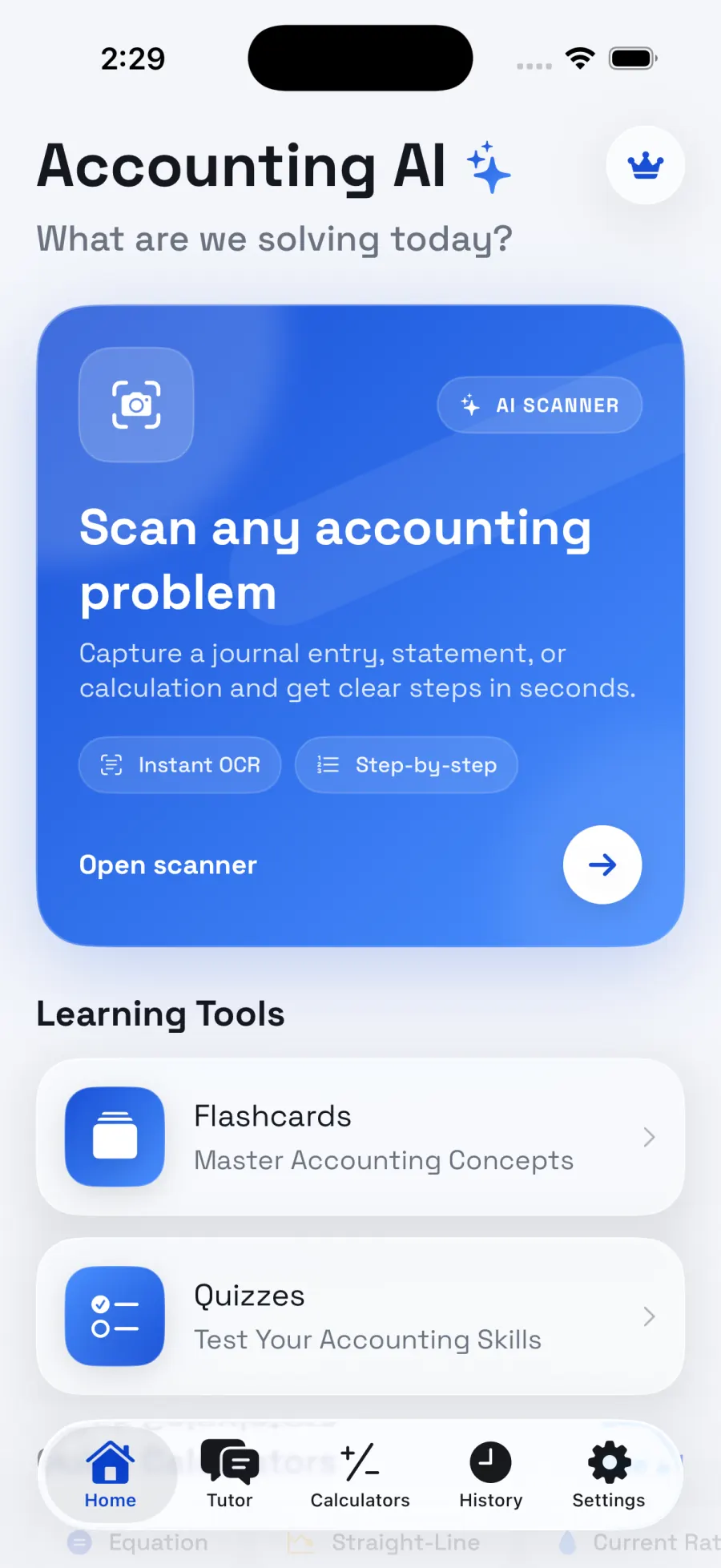 Accounting AI Tutor Home screen