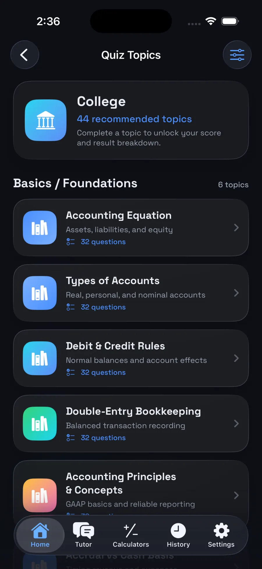 Accounting quizzes screen in dark mode