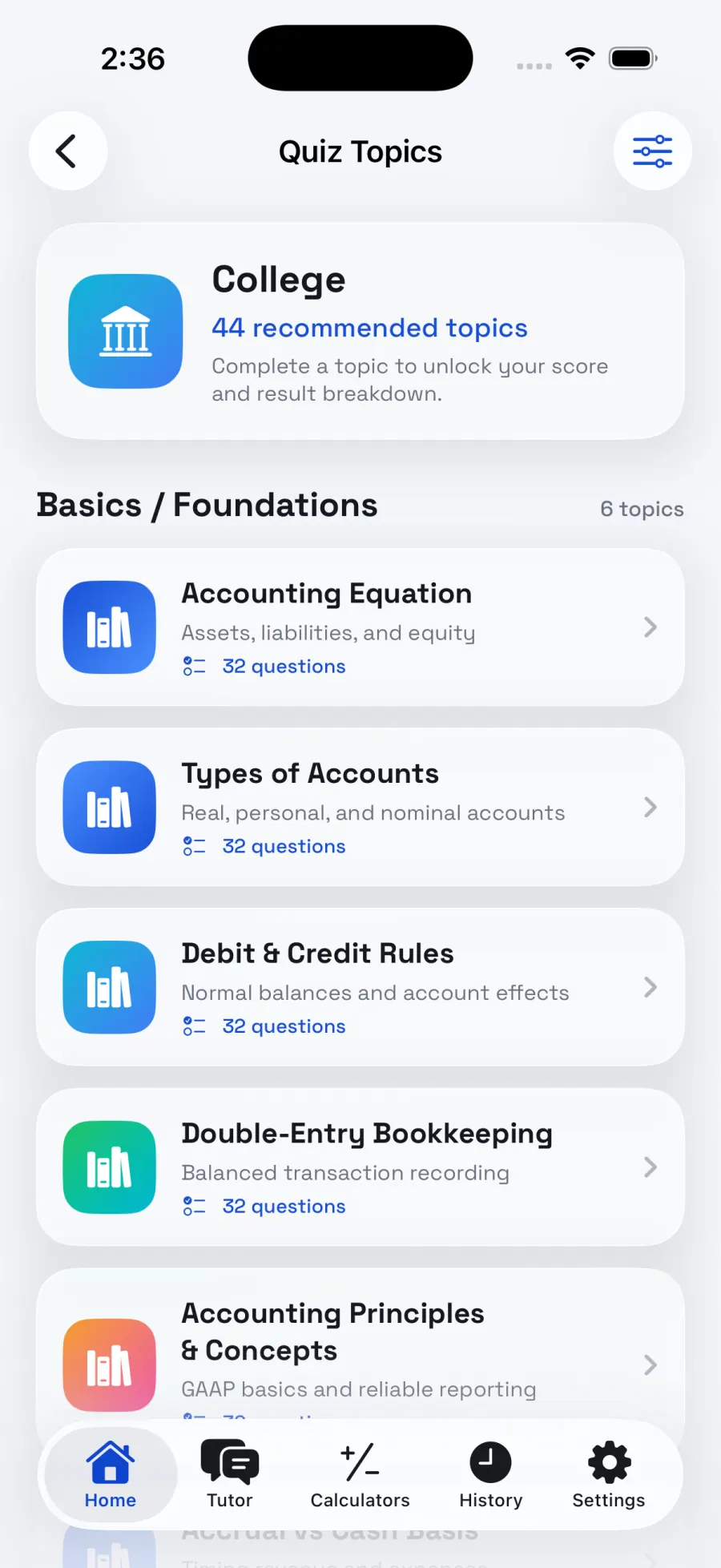 Accounting quizzes screen